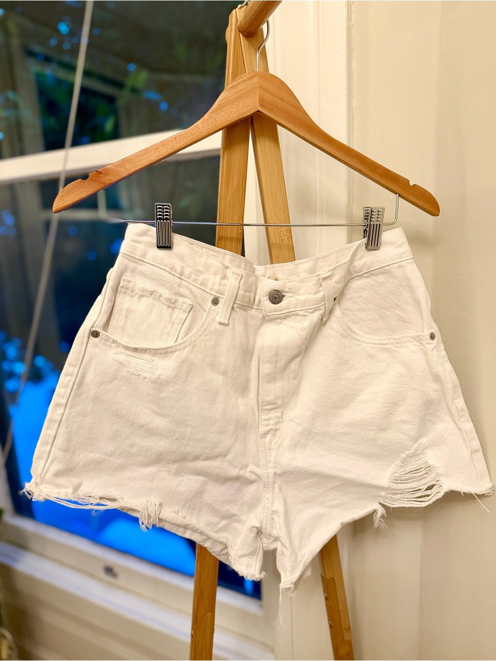 Levi's White Distressed High-Rise Denim Shorts